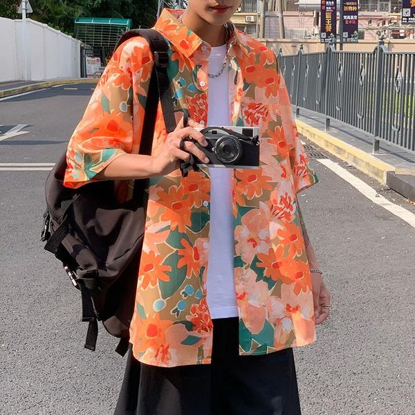

men's casual shirts brand shirt couple's hawaiian flower short sleeve coat fashion korean summer quarter harajuku for men 2022, White;black