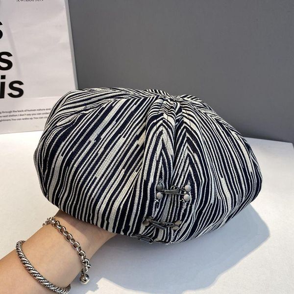 

berets ins women black stripe big casual clouds hat round dome temperament fashion tide all-match spring autumn casqute, Blue;gray