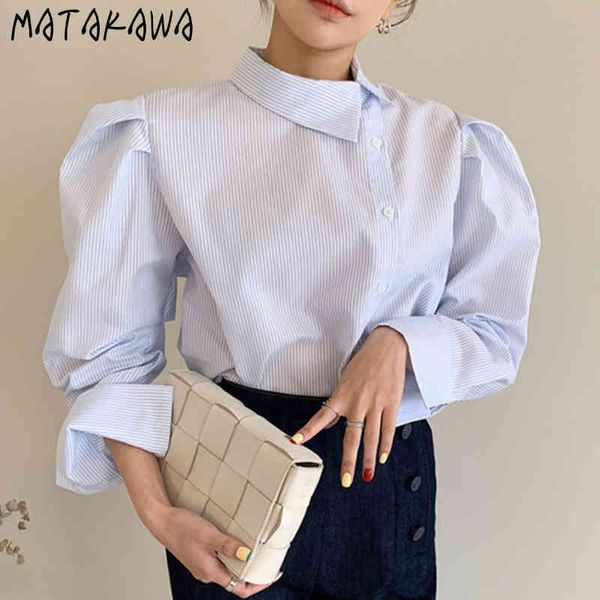 

matakawa side single breasted loose women blusas korea chic temperament chic lapel shirt wild puff sleeve striped blouses 210513, White