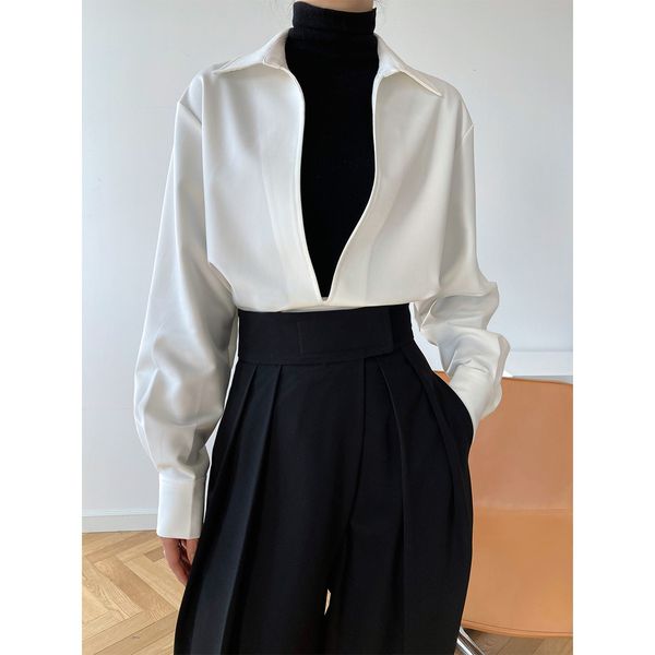 

women's jumpsuits & rompers spring design light ripe blouse office lady solid lapel shirt korean fashion long sleeve outwear o, Black;white
