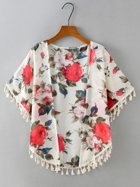 

floral print tassel detail kimono i3h4#, White;black
