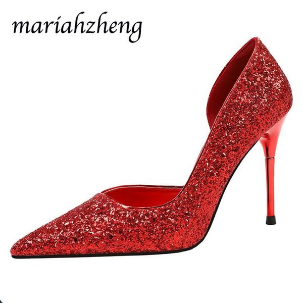 

dress shoes meriahzheng 10cm 2021 summer fashion pointed light red high heels side empty sequins professional ol women's single lsj, Black