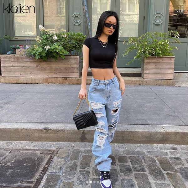 

jean street casual loose hole high waist blue solid cotton women office lady wide leg jeans autumn cloth-fitting pant