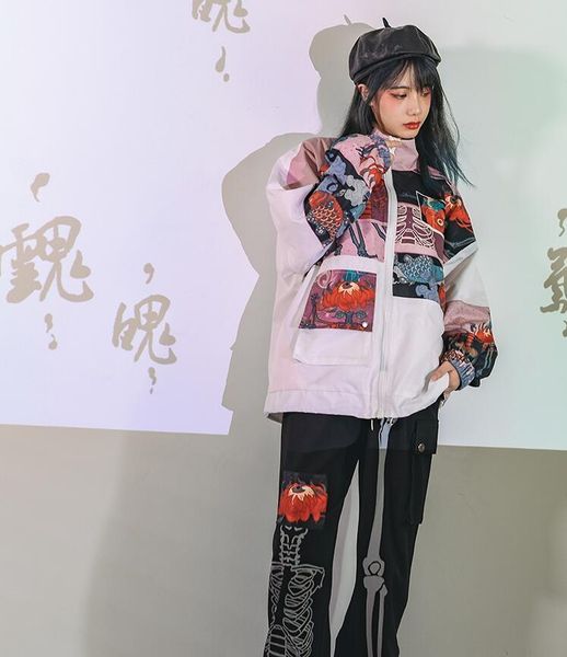 

women's trench coats spring autumn gothic harajuku bone print girl loose long sleeve fashion punk cool streetwear white coat, Tan;black