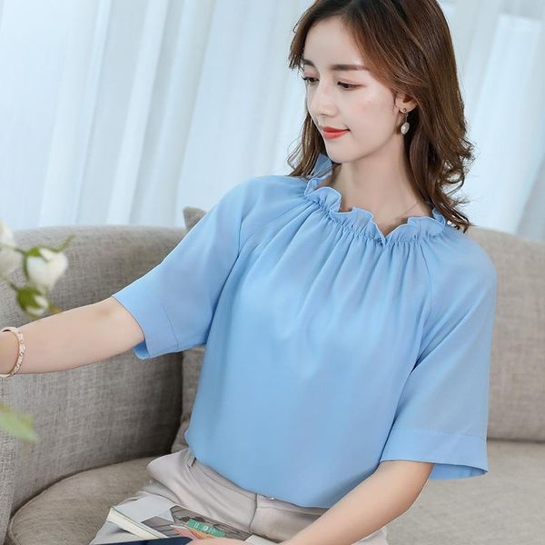 

ruffles short sleeve shirts korean womens chiffon blouse elegant office summer blouses 2021 streetwear blusas plus size women's &, White