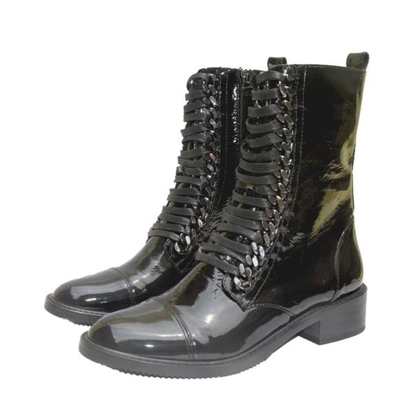 

boots ins woman leather low block heel lace-up chain-embellished ankle white black snake color real pos size 41