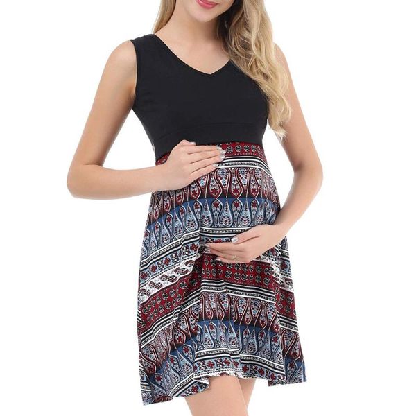 

maternity dresses 40# women elegant dress vintage print v-neck sleeveless nursing pregnanty splicing summer leisure, White