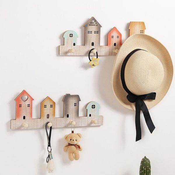 

hooks & rails mxlb cartoon colorful house 4 wall mounted coat rack wooden clothes pegs smooth finish decorative household storage