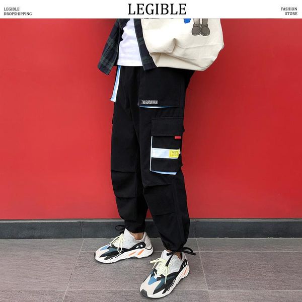 

men's pants legible 2021 cargo men multi-pocket mens elastic waist harem pant hip hop casual loose ankle-length, Black