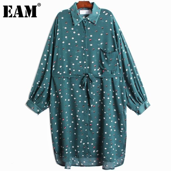 [Eam] Mulheres Preto Tamanho Big Dots Casual Sashes Chiffon Vestido Lapela Manga Longa Loose Fit Moda Primavera Verão 1d8598 210512