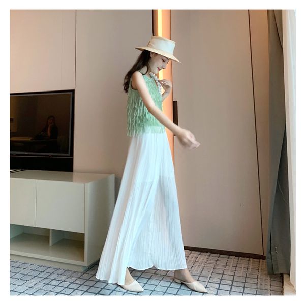 

dresses miyake fold solid sleeveless o-neck tassel t-shirt + wide leg pants suit, White