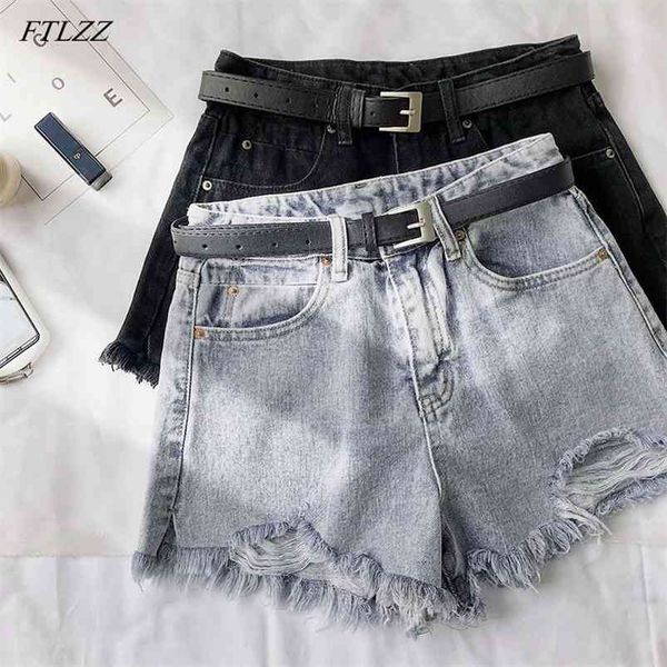 

summer women high waist hole blue denim shorts casual female solid color frayed black jeans with belt 210430