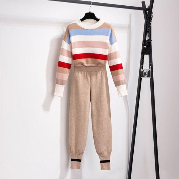 

women's tracksuits lazy wind autumn knitted tracksuit loose 2 piece set runway women striped pullover pants two knit sweatshirts suit, Gray