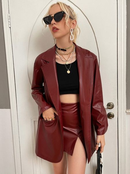 

pu lapel neck dual pocket blazer w2la#, White;black