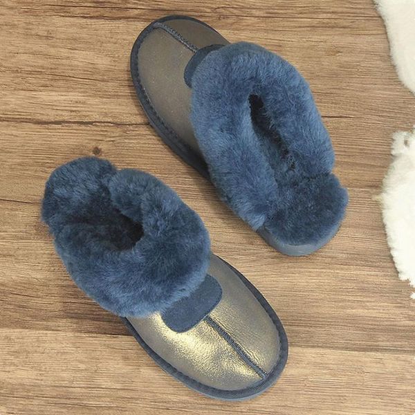 

100% natural sheepskin fur slippers fashion women warm indoor soft 2021 wool lady home shoes female winter style1, Black