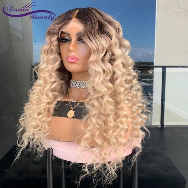 

omber blonde frontal wig brazilian wave lace front human hair wigs for black women 13x4 dream beauty1, Black;brown