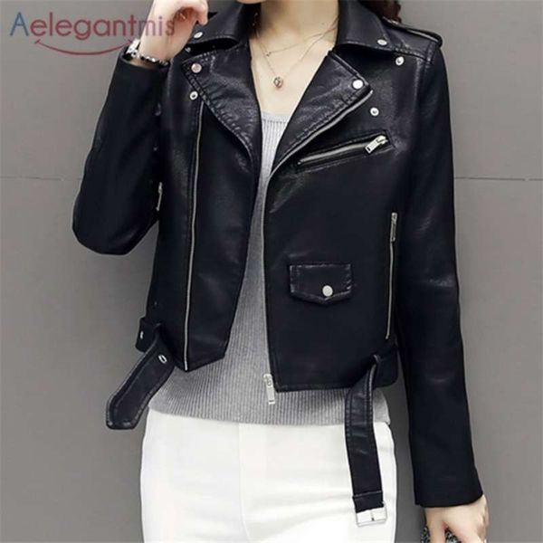 Aelegantmis Autunno Breve Giacca in morbida ecopelle Donna Fashion Zipper Moto PU Ladies Basic Street Coat 210928