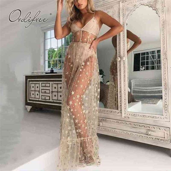 

summer women long beach dress spaghetti strap stars print transparent sleeveless mesh maxi 210513, Black;gray