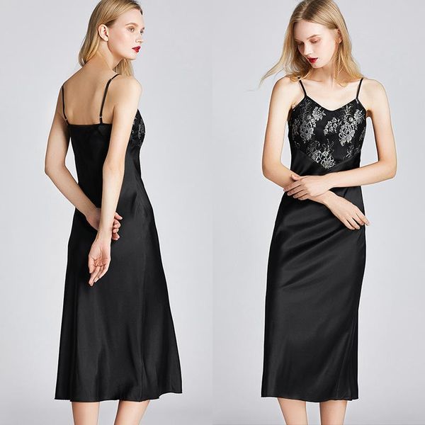 

women's sleepwear 2021 summer silk thin sling nightdress ladies embroidered midi dress robe nightgown set lace prajama pijama, Black;red