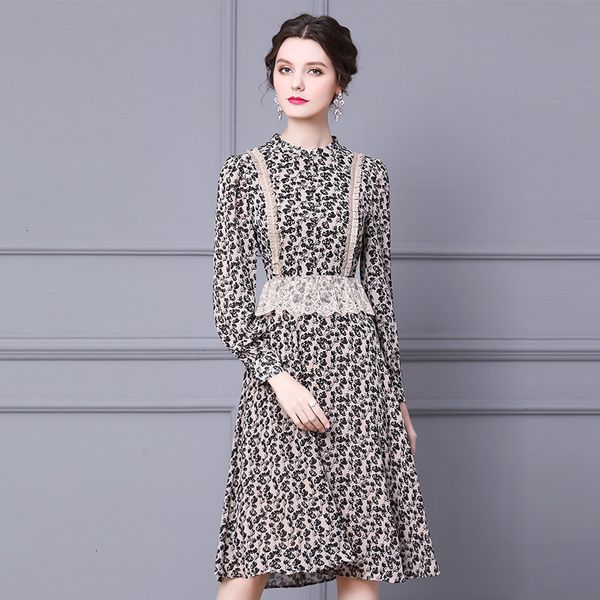 

casual dresses print floral retro fashion spring and autumn high waist lace dress medium length a-line skirt plus xxxl 3wf4, Black;gray