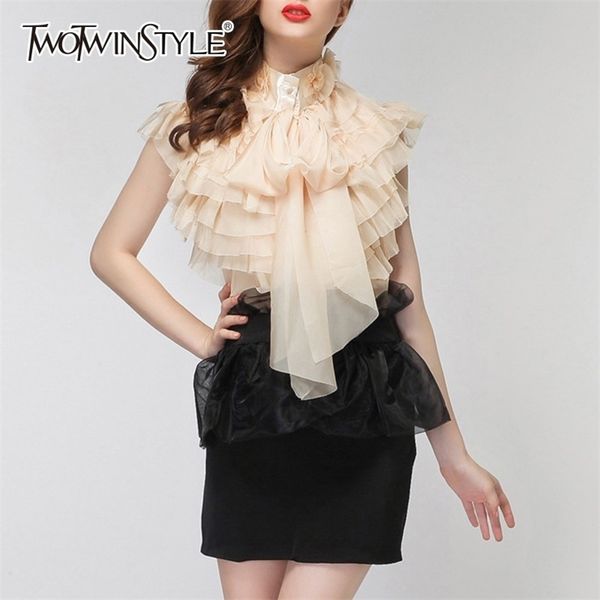 

twotwinstyle chiffon blouse female sleeveless perspective bowknot ruffles shirts for women summer fashion 210401, White