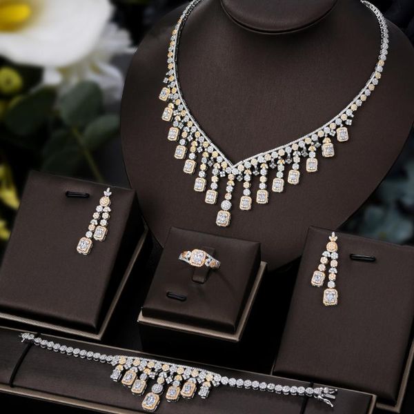 

earrings & necklace 4pcs super luxury waterdrop charms tassel drop jewelry set for women wedding cubic zircon dress earring, Silver