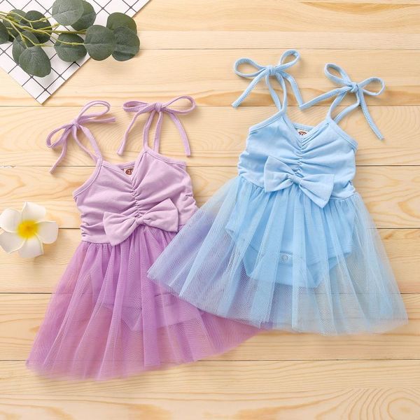 

girl's dresses sweet cute born infant baby girl camisole romper dress with bow decoration mesh stitching lovely summer clothing for 0-2, Red;yellow