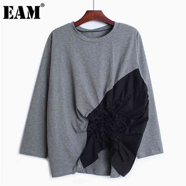 

[eam] women spliced pleated loose fit t-shirt new round neck long sleeve fashion tide all-match spring autumn 1b351 210330, White