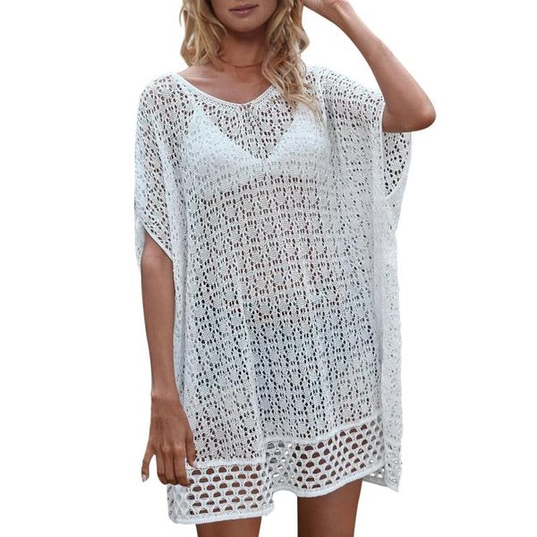 

women's swimwear female beachwear solid color o-neck batwing sleeve see-through blouse bikini cover ups for summer, White;black