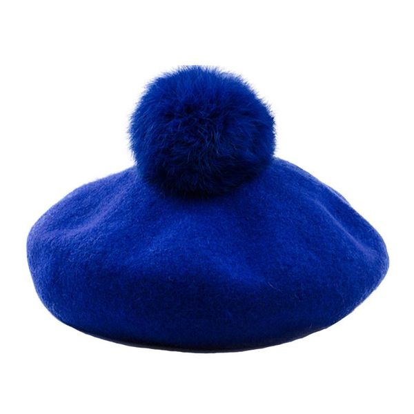 

women's wool french cap berets beanie hats with pompon juniors girls maiden baret flat hat pom beret, Blue;gray