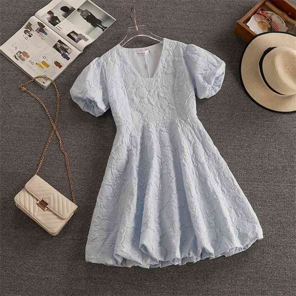 

summer v-neck puff sleeve mini dress vintage women french vestidos casual street lady princess party robe femme 210514, Black;gray