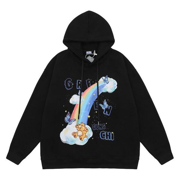 

men's hoodies & sweatshirts 2021 kpop rainbow cartoon print cotton fleece men harajuku sweatshirt casual hooded pullover couple clothes, Black