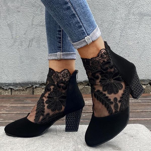 

fashion women high heels lace flower ankle strap hollow out sandals round toe zip pumps zapatos de mujer plataforma dress shoes, Black