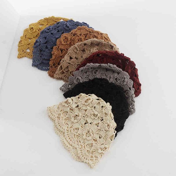 

beret female british hollowed out handmade crocheted bud hat spring and summer knitted breathable artistic artist, Blue;gray