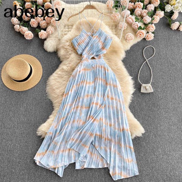 

women korean print strap dress sleeveless a-line party dress summer hollow backless irregular pleated beach dress 210715, Black;gray
