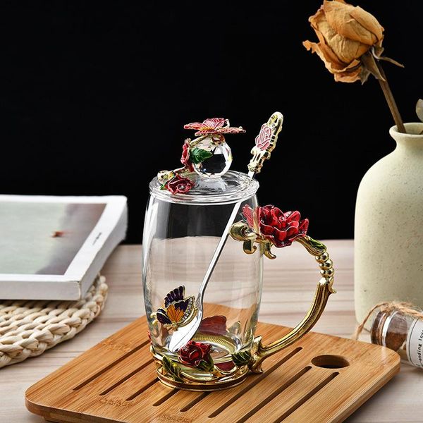 

creative enamel water cup rose tea coffee set juice glass mugs with double drinking glasses drinkware wine
