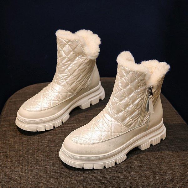 

boots winter 2021 waterproof snow women thick plush platform ankle woman bottom warm cotton padded shoes, Black