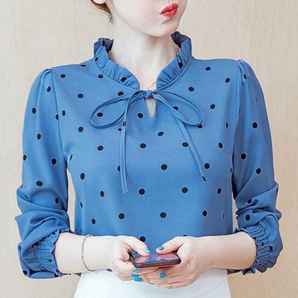 

blusas mujer de moda long sleeve blouse women v-neck dot chiffon blouse shirt women clothes womens and blouses c710 210602, White