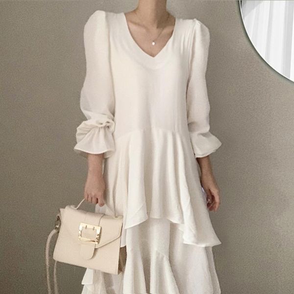 

casual dresses [ewq] women black irregular ruffles dress v-neck long flare sleeve loose fit fashion tide spring autumn 2021 2f0534, Black;gray