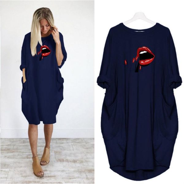 

vogue loose women dress lipstick lips print long sleeve o neck with pocket plus size casual vintage party femme robe pregnant dresses, Black;gray