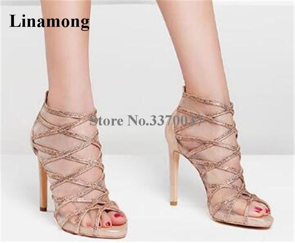 

women fashion open toe bling rhinestone thin heel gladiator sandals mesh gold black crystal strap cross high