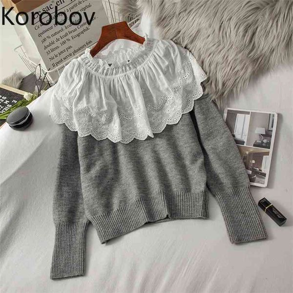 

korobov vintage hit color patchwork o neck pullovers korean long sleeve sweet lace sweaters autumn winter chic sueter mujer 210430, White;black