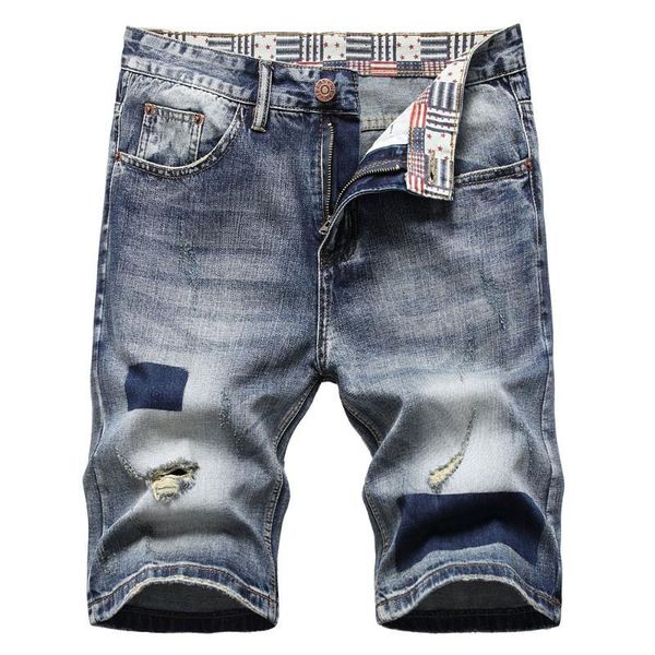 

men's patchwork ripped denim shorts summer holes distressed jeans casual bermuda breeches 2sgh, Blue