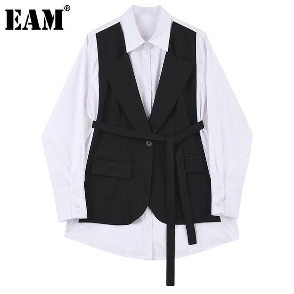 

[eam] women white splicing fake two pieces blouse lapel long sleeve loose fit shirt fashion spring autumn 1dd6321 21512