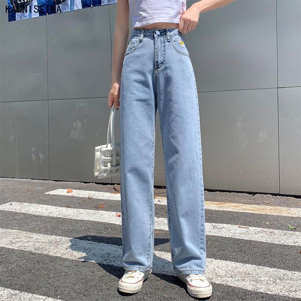 

women's jeans high waist summer daisy embroidered thin wide leg full length loose straight female trousers, Blue
