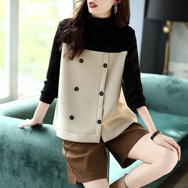 

celebrity temperament half high collar long sleeve sweater women's autumn and winter thin style loose splicing pullover versatile, Black