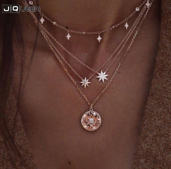 

gold star round sequin simulated pearl pendant necklaces women multilayer crystal clavicle chain chokers bohemian jewelry chains, Silver