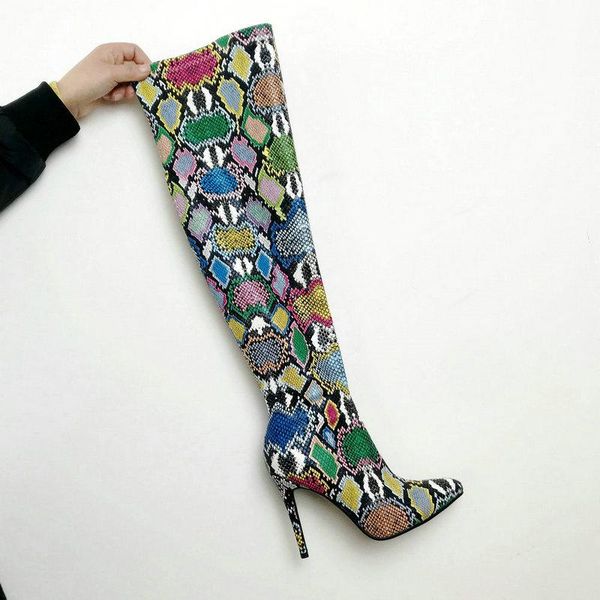 

boots print leather long women faux super high heel woman 2021 winter thigh female shoes, Black