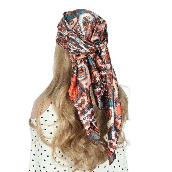 

scarves silk head scarf women hijab satin hair fashion paisley print 90x90cm square shawls headscarf foulard cheveux, Blue;gray