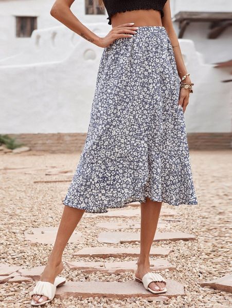 

ditsy floral ruffle hem wrap skirt j4na#, Black